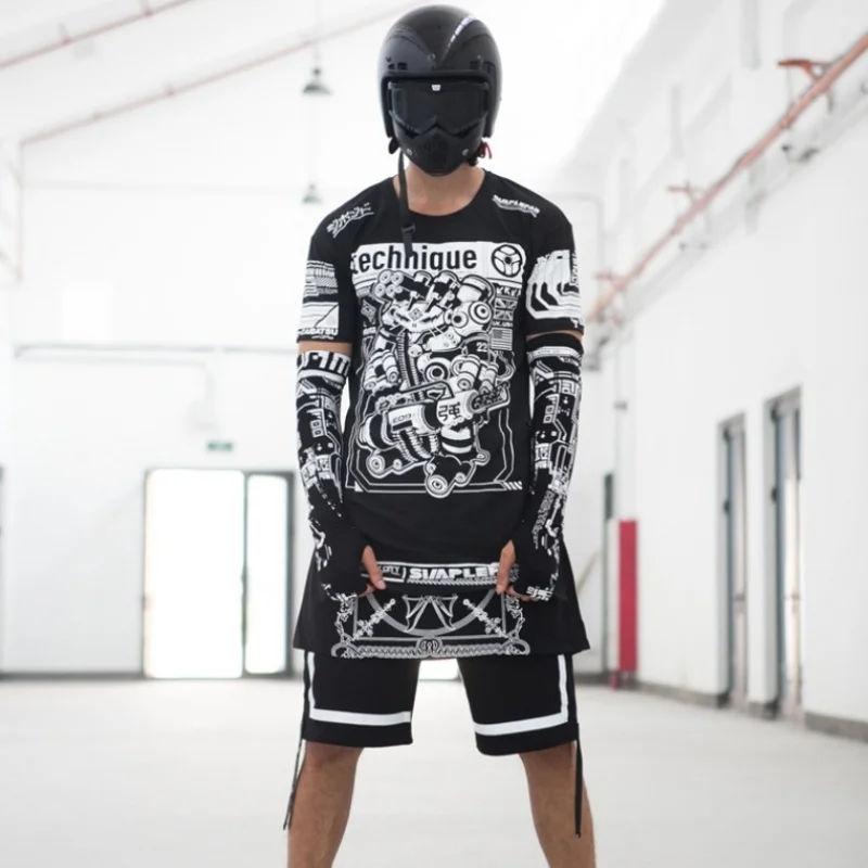 Summer Men Punk Techwear Style Outdoor Sport Sun Protection Sleeves High Street Personality Print Tactical Function Arm Sleeves sun protection arm sleeves
