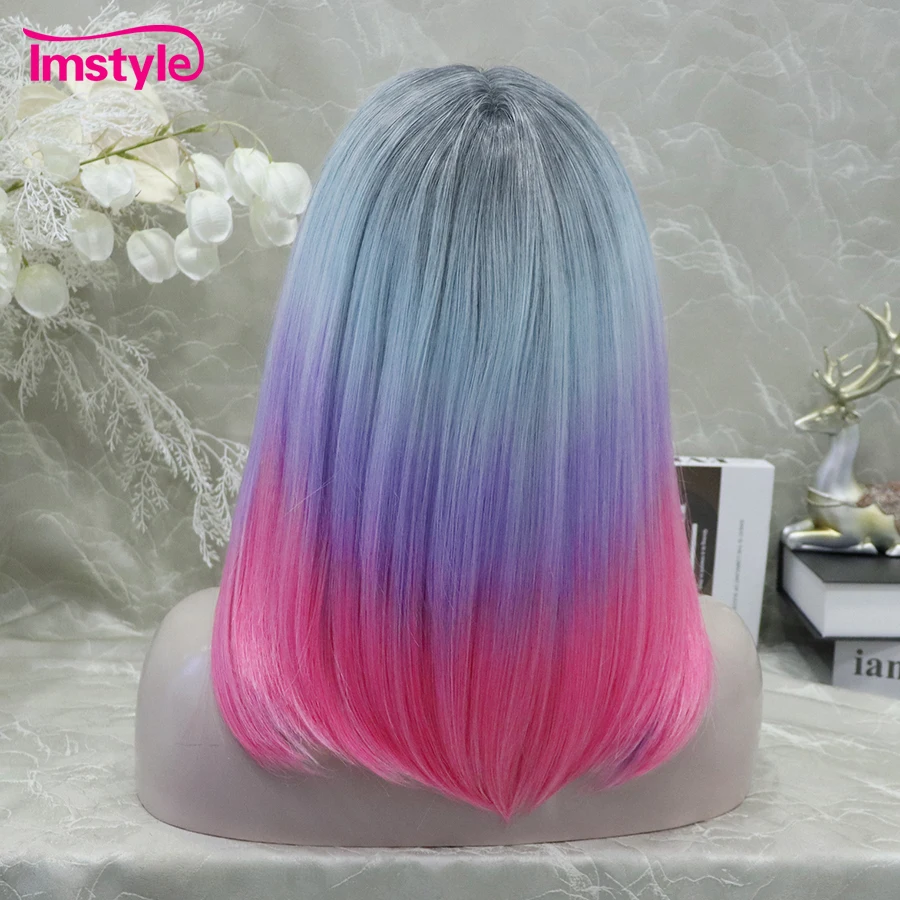 Imstyle Synthetic Lace Front Wig Straight Wig T Part Lace Ombre Blue Pueple Pink Heat Resistant Fiber Cosplay
