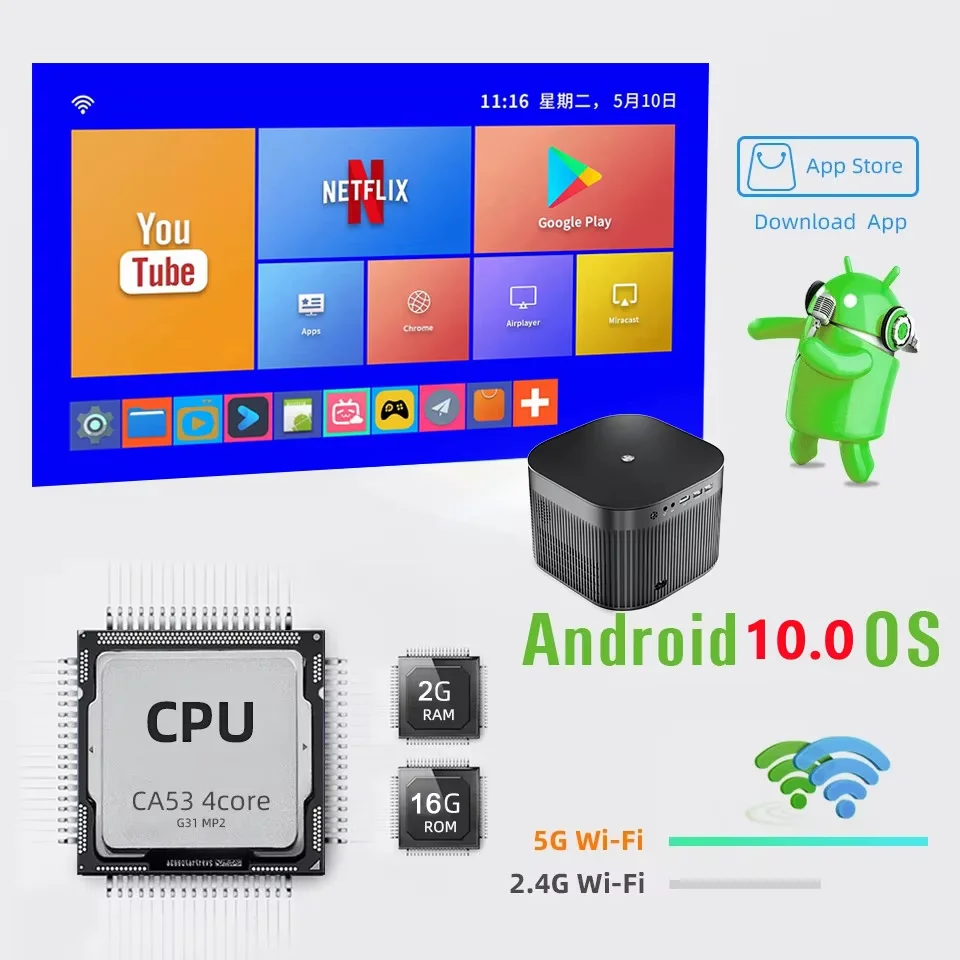 Portable Projector Salange F18 Projector Android11 4K Full HD 1080P Wifi 500ANSI Electronic Focus BT5.0 Home Cinema Outdoor Smart Movie Projector