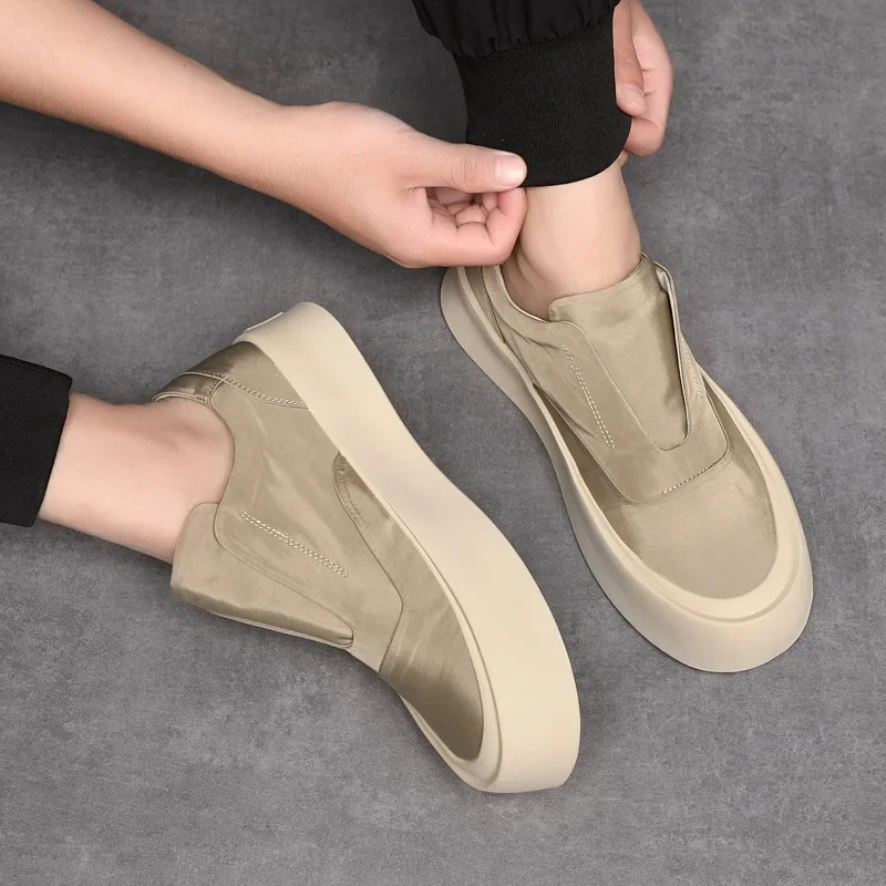 Men Trendy Shoes Casual Thick Bottom Sneakers Round Toe Solid Colour Slip on Loafers