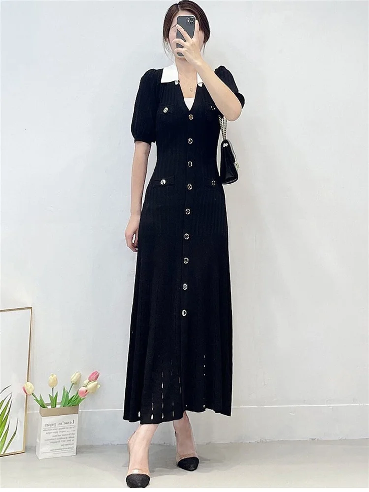 V-Neck Knit Contrast Long Dress Women Hollow Out Lapel Fashion High Waist Elegant Party Dress Knitwear Ladies Maxi Dress