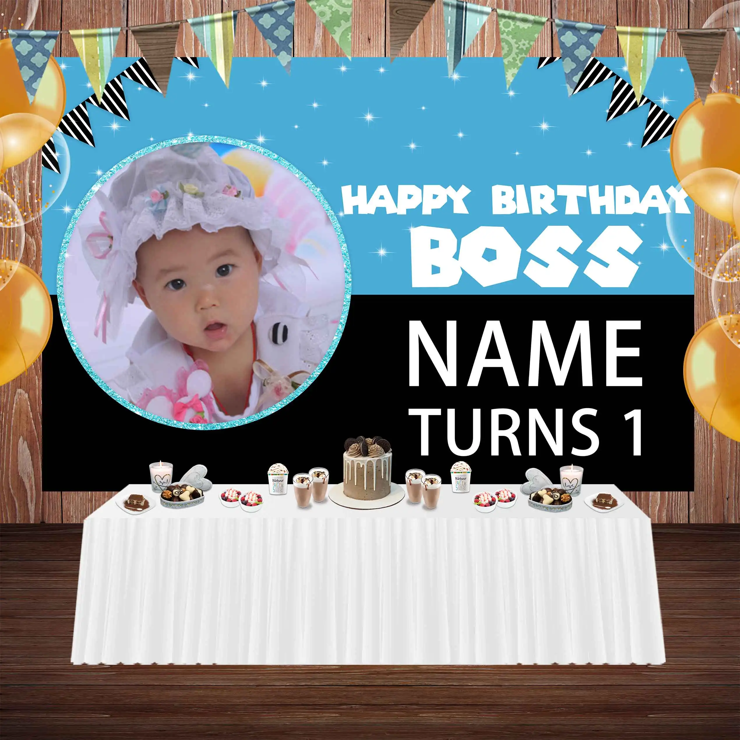 Seekpro Boy Frame Party Photo Sfondo Bandiere One Year Old Blue Prince Glitter Baby Shower Background Boss Birthday Photography
