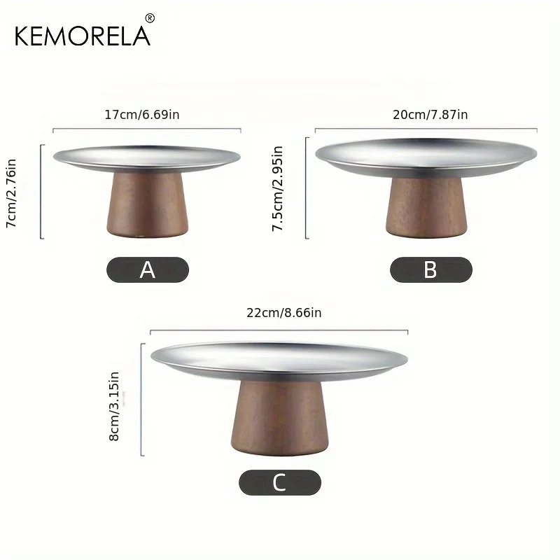Stainless Steel Cake Tray Wooden Base Fruit Plate Wooden Serving Tray Cake Stand Cake Tray Korean Style Fruit Display Plate Dessert Plate Dining Table Home Decoration Ornaments
