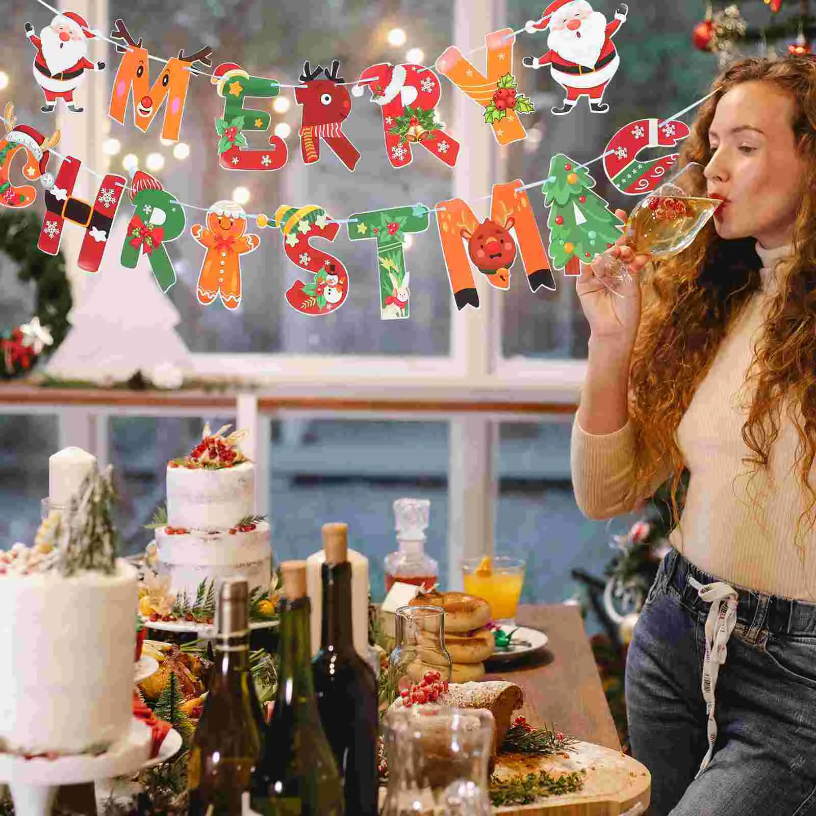 

Merry Christmas Banner Hanging Banners Party Cake Topper Decorations Balloon Props