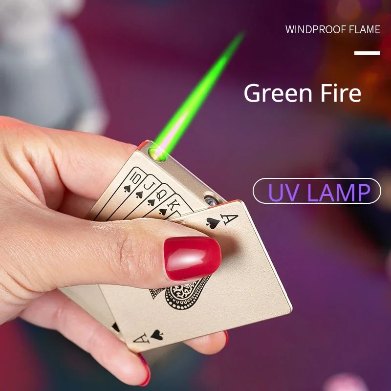 

Metal Green Flame Inflatable Lighter Windproof Creative New Purple Light Playing Card Lighter Cigarette Accessories