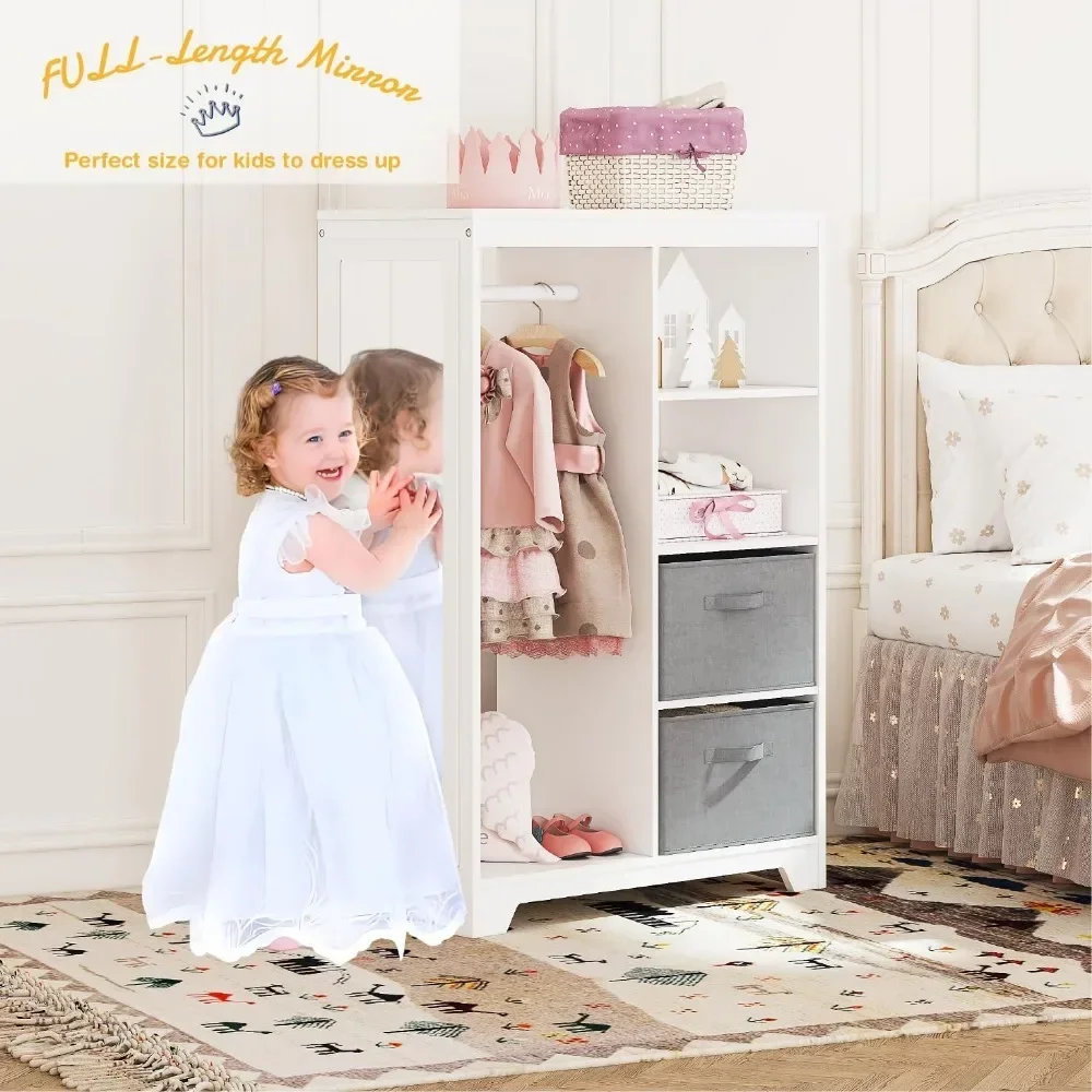 Children's Wardrobe with Long Mirror, Children's Wardrobe with 2 Storage Compartments, Hanging Clothing Wardrobe,