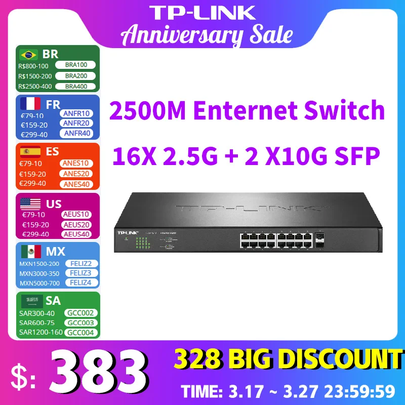 

TP-Link TL-SH1218 16 Port 2.5Gbps RJ45 2500M Switch UPLink 10G SFP+ LAN Core Switch Internet NAS Ethernet Splitter HUB