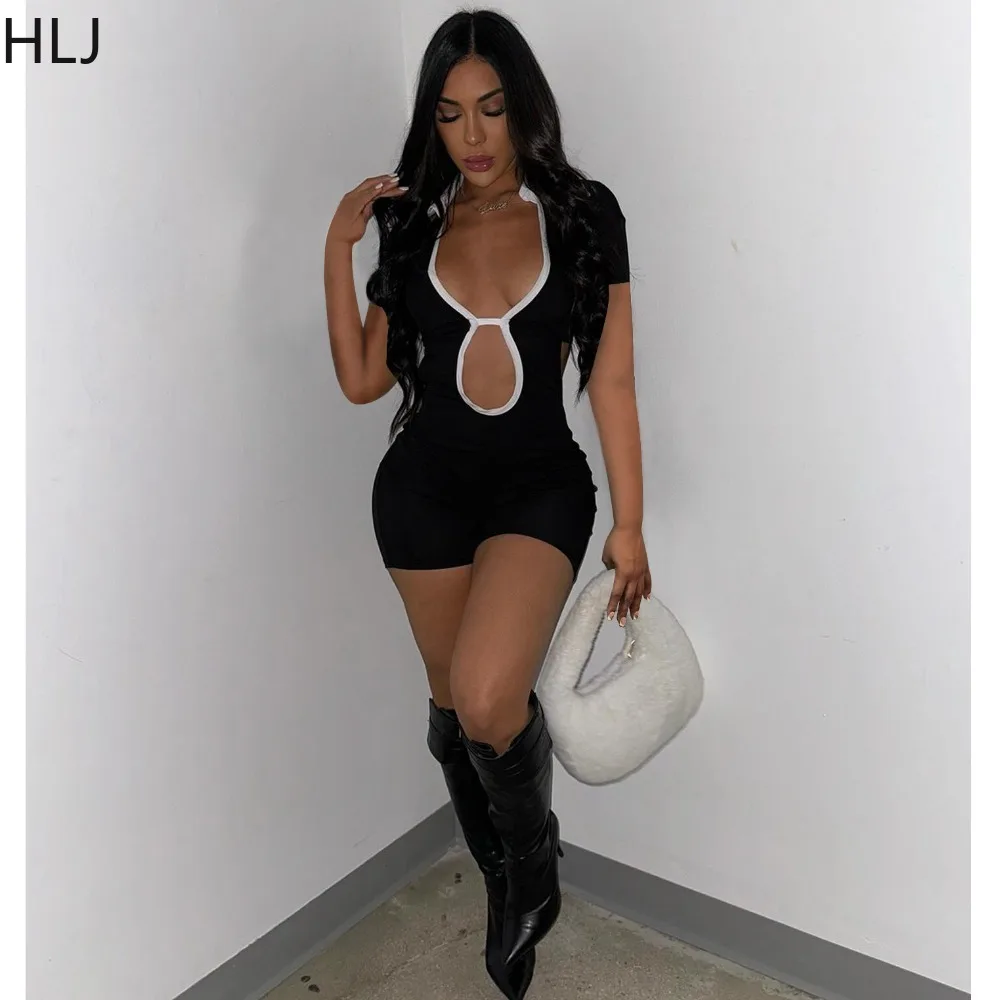 HLJ Sexy Deep V Backless Bow Lace Up Bodycon Nightclub Rompers Women Color Splicing Short Sleeve Hollow Jumpsuit Fashion Overall
