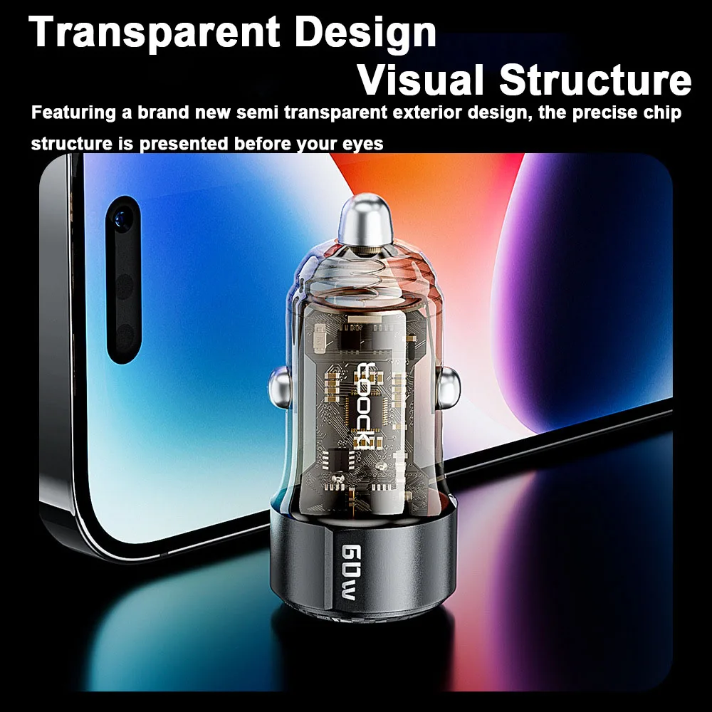 Caricabatteria da auto Ricarica rapida PD 60W QC3.0 USB C Caricabatteria da auto Tipo C Adattatore in auto per IPhone 1413 12 Xiaomi 13 12 - immagine 3