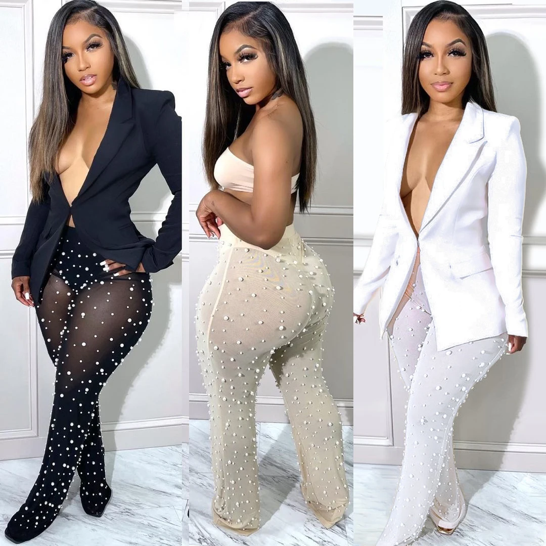 Mesh Beaded Pants Suits Two Piece Sets 2022 Women Elegant Outfits Luxury Jacket Fall Clothes Cloaks Coats Workout 2 Pieces Set