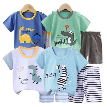T-shirt + pantaloncini estivi per bambini Set di vestiti in 2 pezzi Pigiama Intimo di cotone Cartoon Zebra Dinosaur Stampa Nuovo vestito da notte 1-6 anni 1