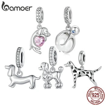 BAMOER 반려견 참 비즈 팔찌, 정품 925 스털링 실버 푸들, 닥스훈트 펜던트, DIY 액세서리