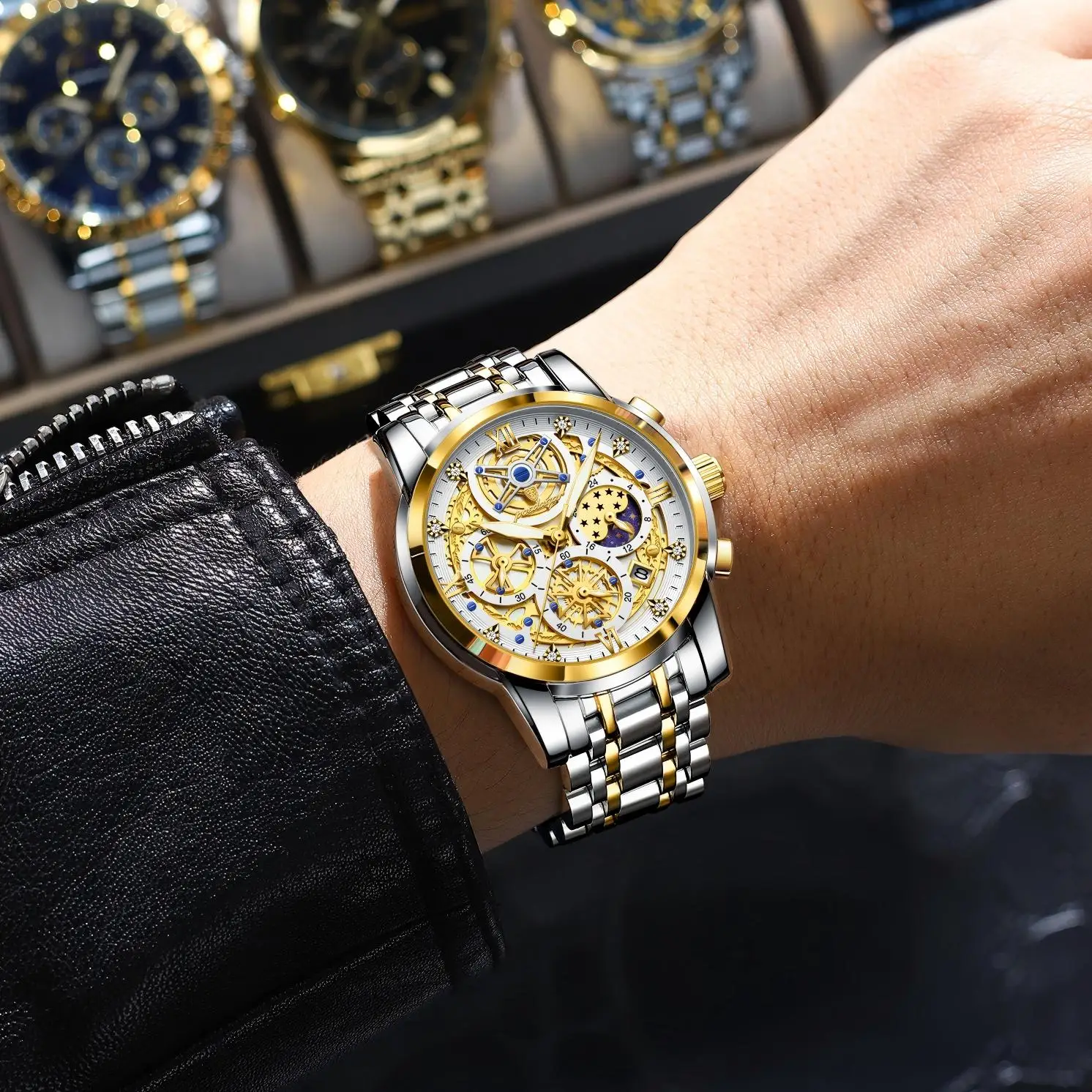 Hochwertige Herrenuhr aus Edelstahl, Datumsanzeige, Chronograph, Quarzwerk, wasserdicht, Leuchtzeiger_voghion.com