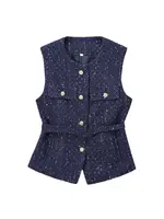 Women's Tweed Waistcoat with Belt, O Neck, Sleeveless, Front Button, Female Outerwear, Chic Tops, Fashion - Image 2