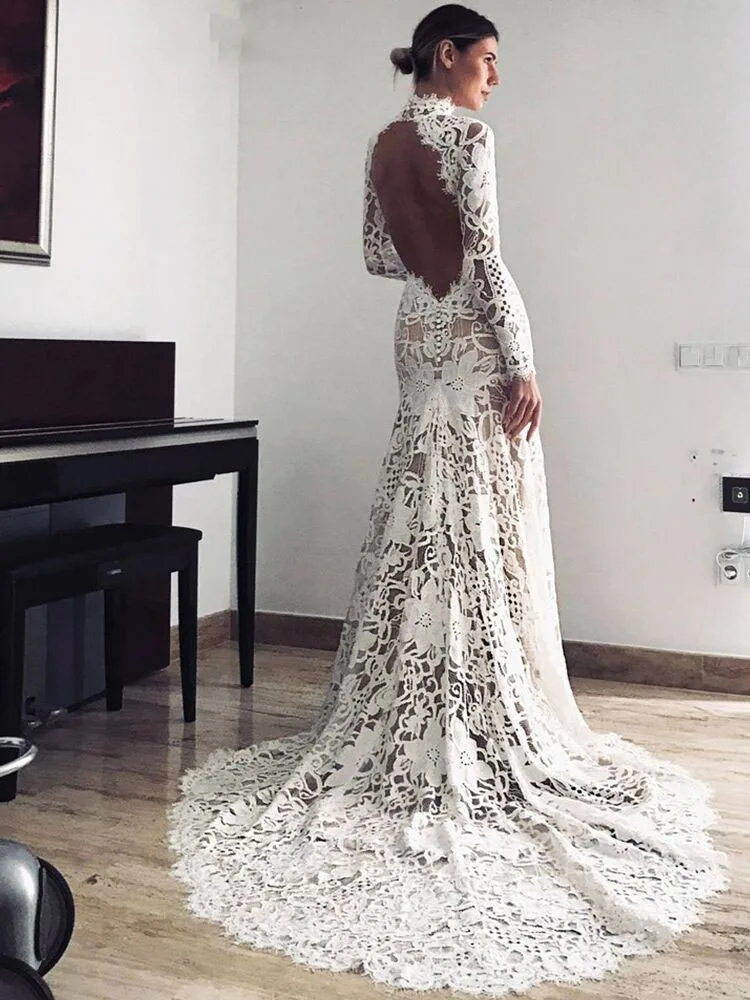 Sexy V Neck Backless Wedding Dresses Lace Long Sleeve Applique Princess Ball Gowns Fluffy A Line Side Slit formal ladies Party