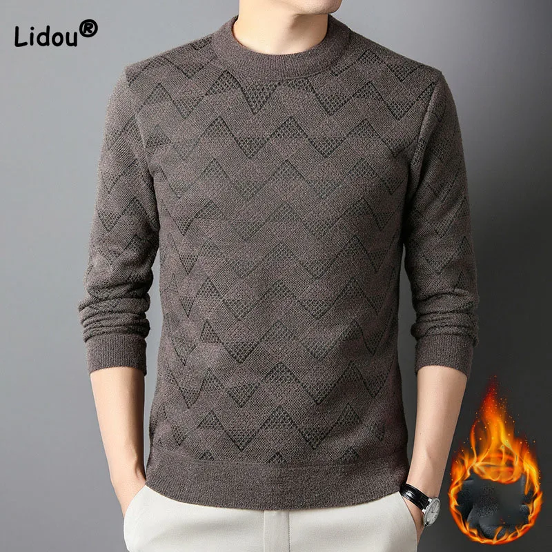 Men's Color Block Round Neck Sweater, Trendy Stretch Warm Pullover For Winter Outdoor
