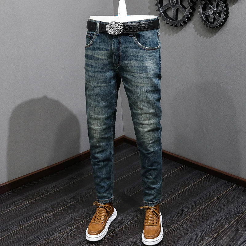 Fashion Designer Men Jeans High Quality Retro Blue Stretch Slim Fit Ripped Jeans Men Trousers Vintage Casual Denim Pants Hombre high quality men ripped skinny jeans slim fit hole pencil pants fashion casual trousers high street denim man clothing men jeans