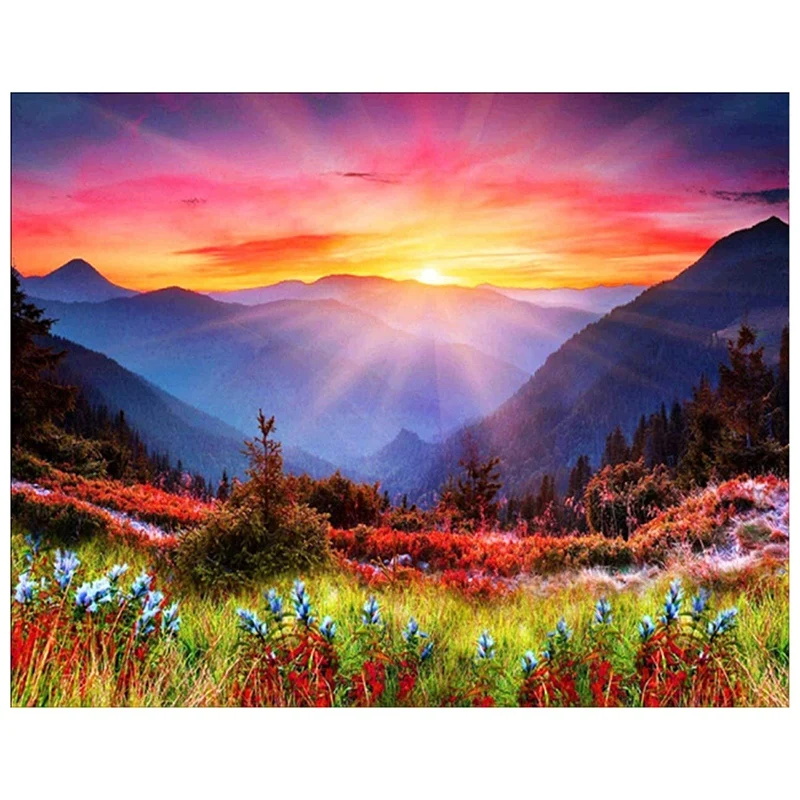 

HOT SALE Diamond Painting Full Circle Diamond Kit Rhinestone Picture Art Craft Home Door Decoration (Mountain Flower Sunrise)