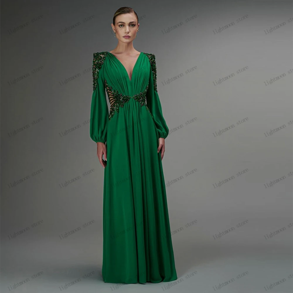 

Modest Evening Dresses A-Line V-Neck Prom Dress Long Puff Sleeves Ball Gowns Floor Length Robes For Party 2024 Vestidos De Gala