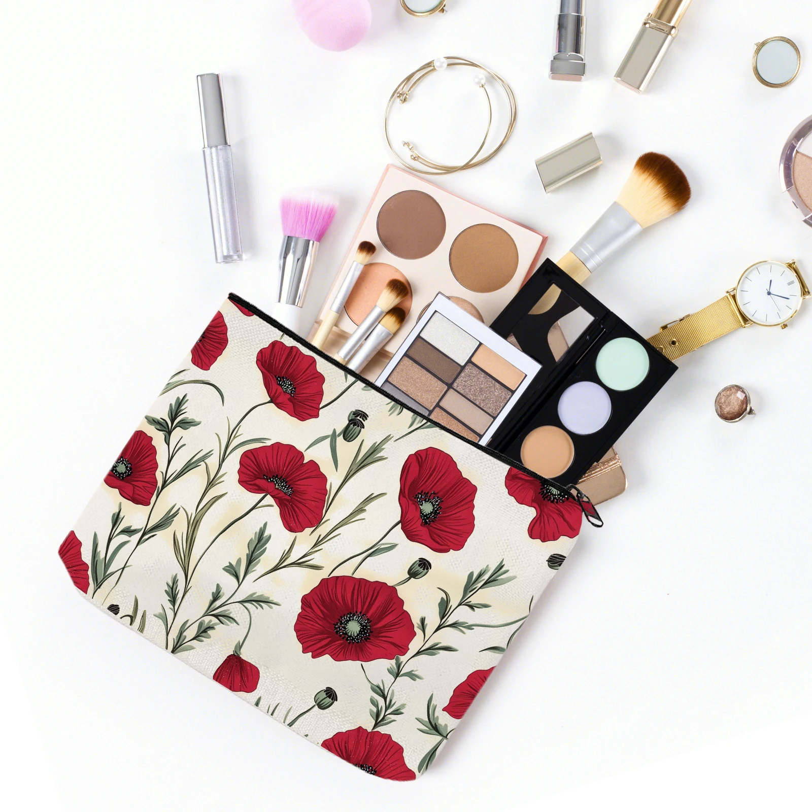 1 Stück florale Make-up-Tasche mit Reißverschluss, lässiger Stil, große Kulturtasche für Damen, Mohn-Kosmetiktasche für Reisetasche – Detail 3