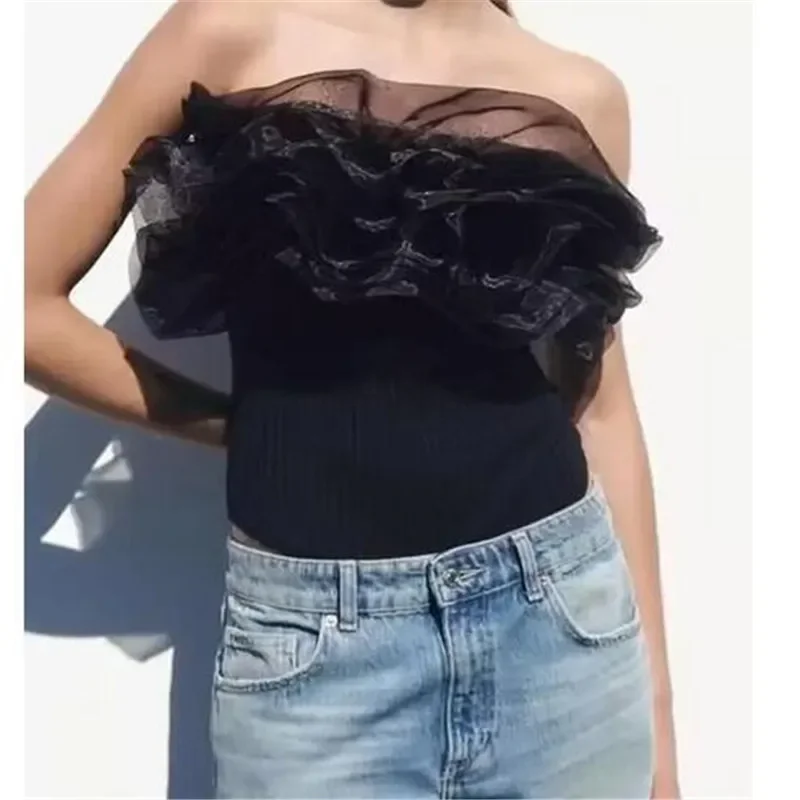 

Summer Y2K Sexy Women Strapless Bodysuit Traf 3D Organza Patchwork Sleeveless Backless Skinny Knitted Female Playsuit