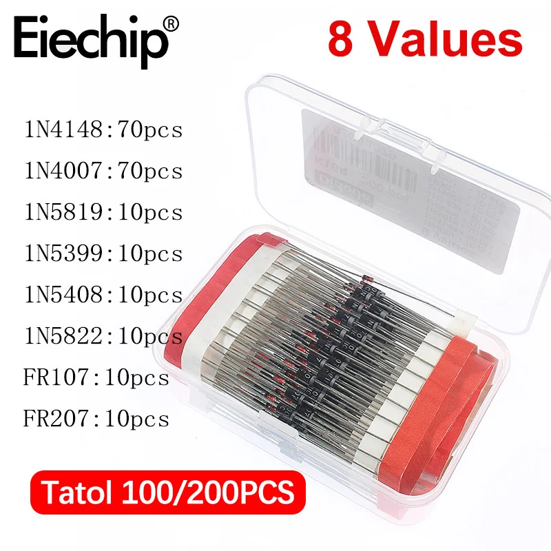 Diode Kit 100/200/255PCS Rectifier Diodes Kits 1N4007 1N4148 1N5408 1N5819 1N5822 1N4001 1N4004 1N5404 FR107 FR207 Schottky Diode Kit