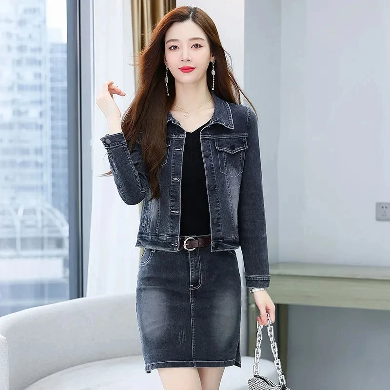 Black Denim Jacket Skirt Suit Spring Autumn Fashion Casual Piece