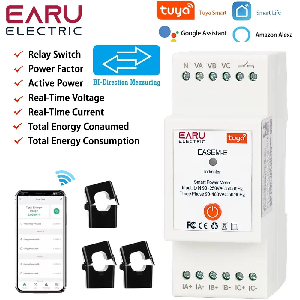 TUYA WiFi Smart Three Phase AC90-480V Bi-Directional Measurement Power Energy kW