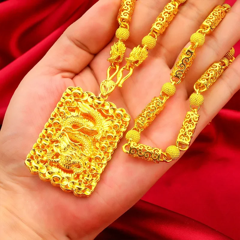 9999 24K Real Gold 9999 24K Real Gold Hollow Necklace Dragon Pendant Men's Domineering Necklace Hollow Dragon Head Chain