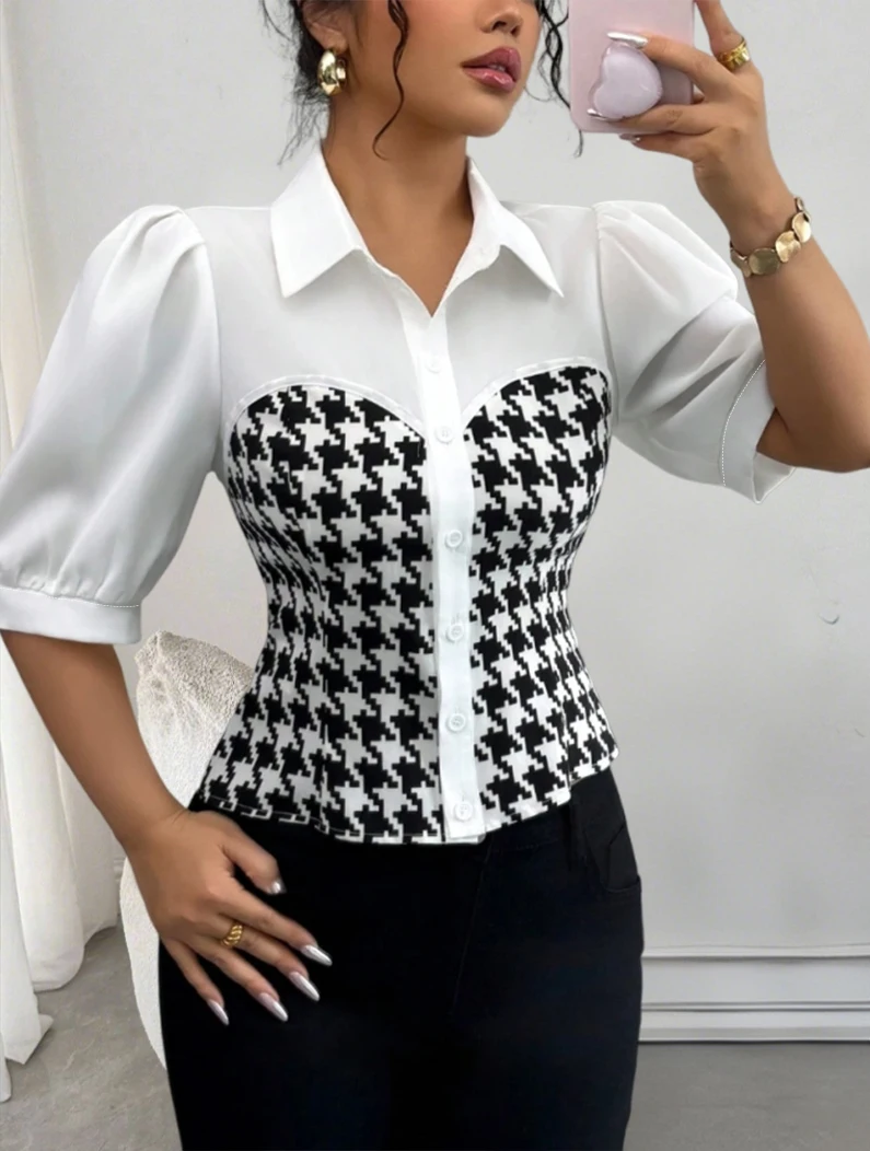 Women's Blouse Spring Summer Black White Tops Houndstooth Patchwork Collar Puff Sleeve Valentine's Day Elegant Casual Daily Top
