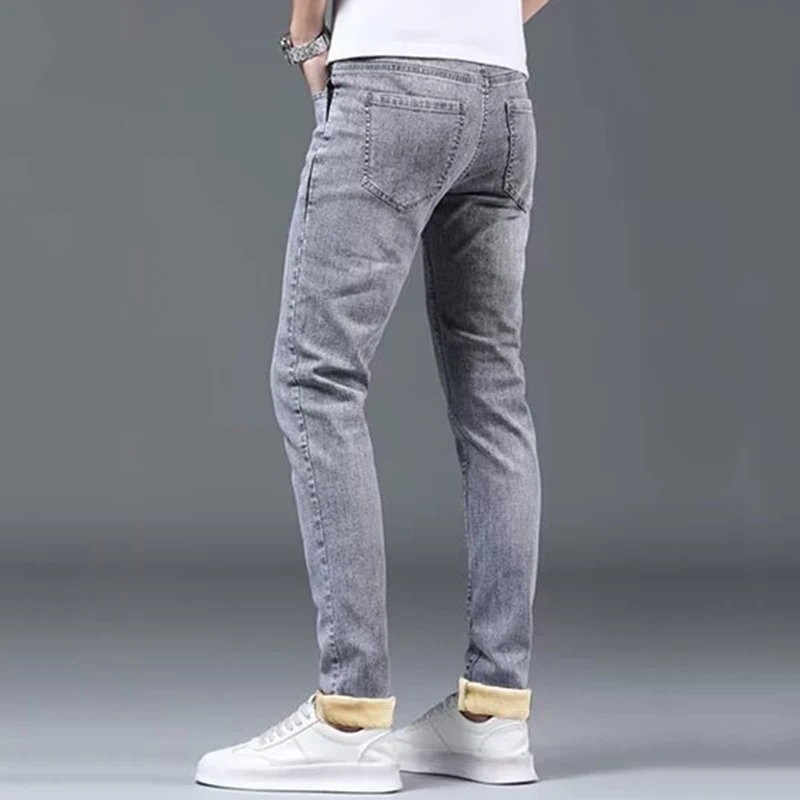 Men Fashion Versatile Gray Street Denim Pants Male Winter Thermal Hot Sale Jeans Youth Popular Narrow Leg Warm Plush Trousers 3