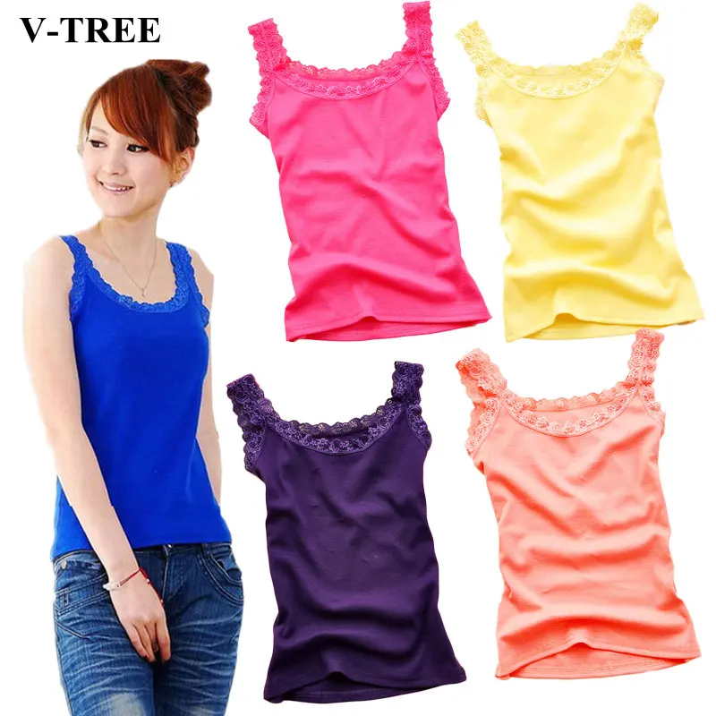 Summer Women Lace Shirts Candy Color Big Girls Camisole Women's Bottom Slim Adult Undershirts Cotton Vest