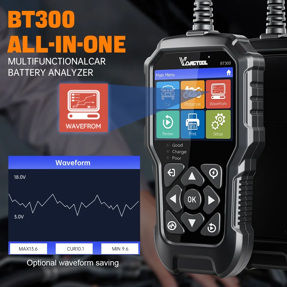 BT300 5-3000 CCA Car Battery Tester 6V 12V Automotive Charging Cranking Scanner Tools for Motorcycle Car Truck SUV