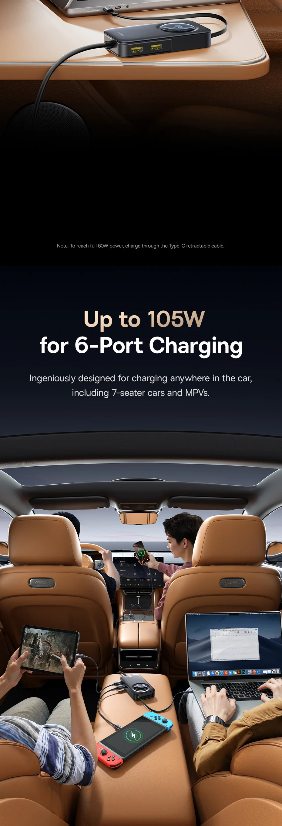 60W Car Charger Retractable Fast Charging Rear Seat 6 Ports Extension Cigarette