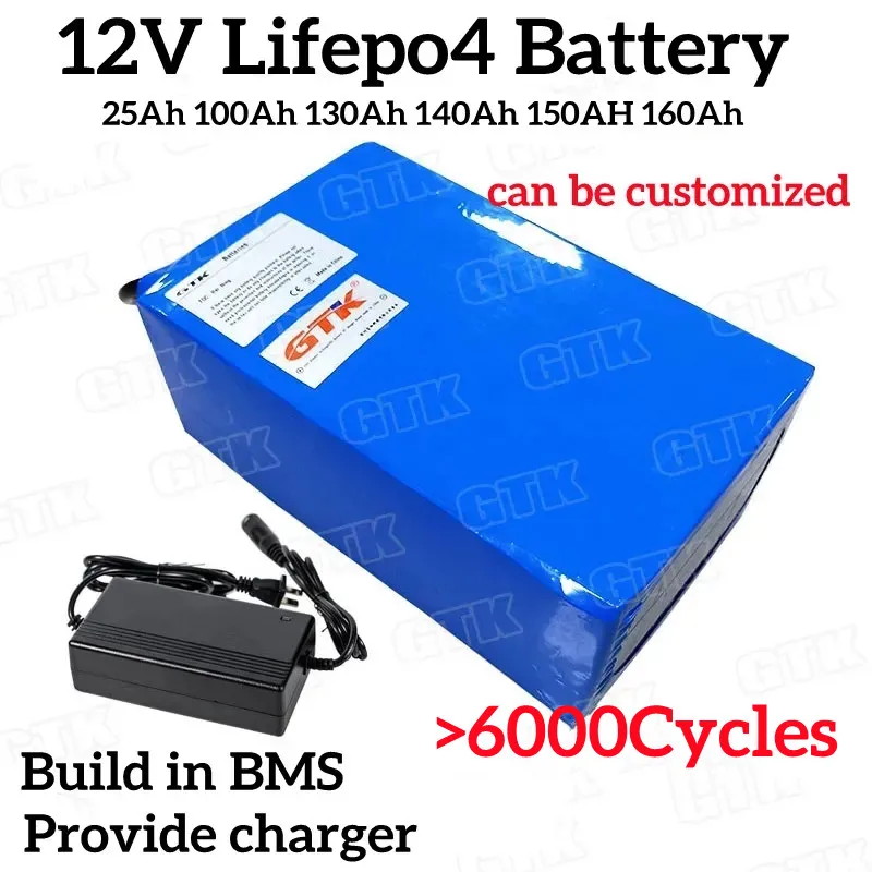 

Lifepo4 12V 25Ah 80ah 100Ah 130Ah 140Ah 150AH 160Ah lithium battery pack with bms for solar storage ups EV RV caravan motor home