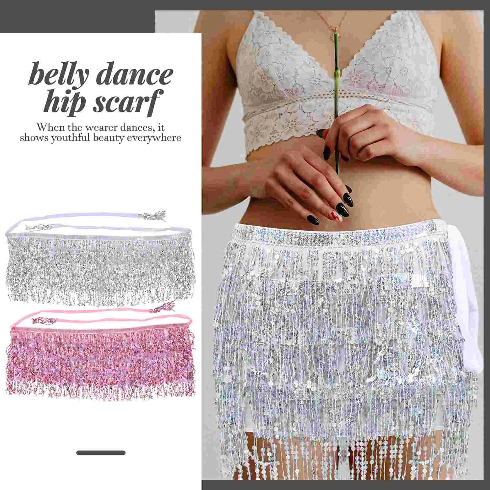 2 Pcs Scarf Waist Chain Outfits Hip Sequin Tassel Skirt Scarfs for Belly Dancing