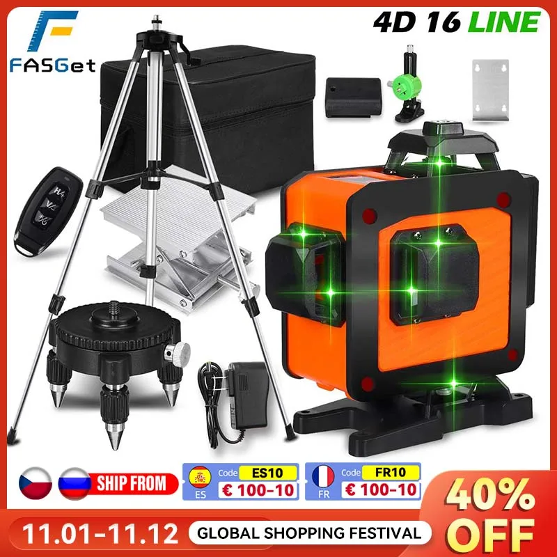 

FASGet 16 Lines 4D Laser Level Self-Leveling 360 Horizontal And Vertical Cross Super Powerful Green Laser Beam Line Laser Level