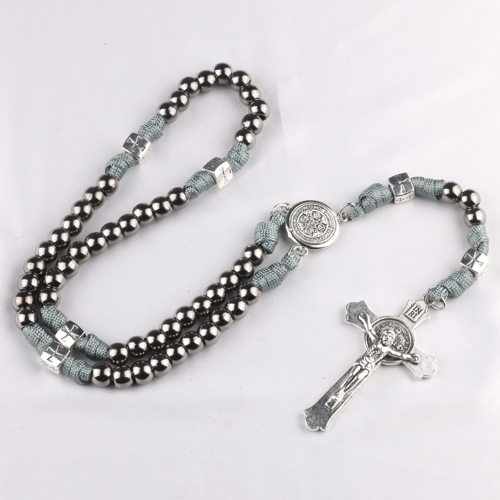 Vintage Alloy Cross Saint Benedict Pendants Exorcist Men's Braided Rope Cold Wind Prayer Bead Necklace Party Jewelry 6