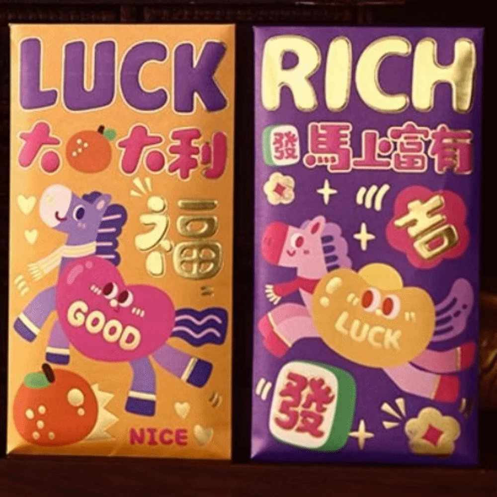 6pcs Best Wishes 2026 Horse Year New Year Red Envelope Cartoon Traditional Red Pocket Hongbao Paper Money Bag Spring Festival