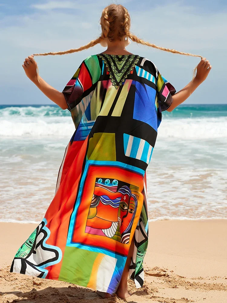 Cover-up Bohemian Dress Print Beach Style Kaftan Swimsuit Cover Maxi Dress Robe