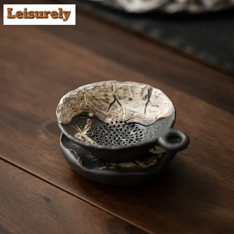 Wabi-sabi Style Lotus Crude Pottery Tea Separator Infusor Ancient Tea Strainer Dispenser Tea Maker Tea Filter Teaset Ornaments