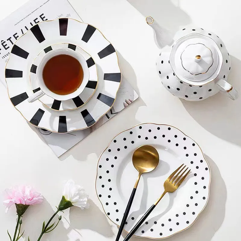 White With Gilt Rim Porcelain Plates For Food Dinner Service Dishes Salad Soup Bowl Ceramic Coffee Source Set Polka Dot Gifts
