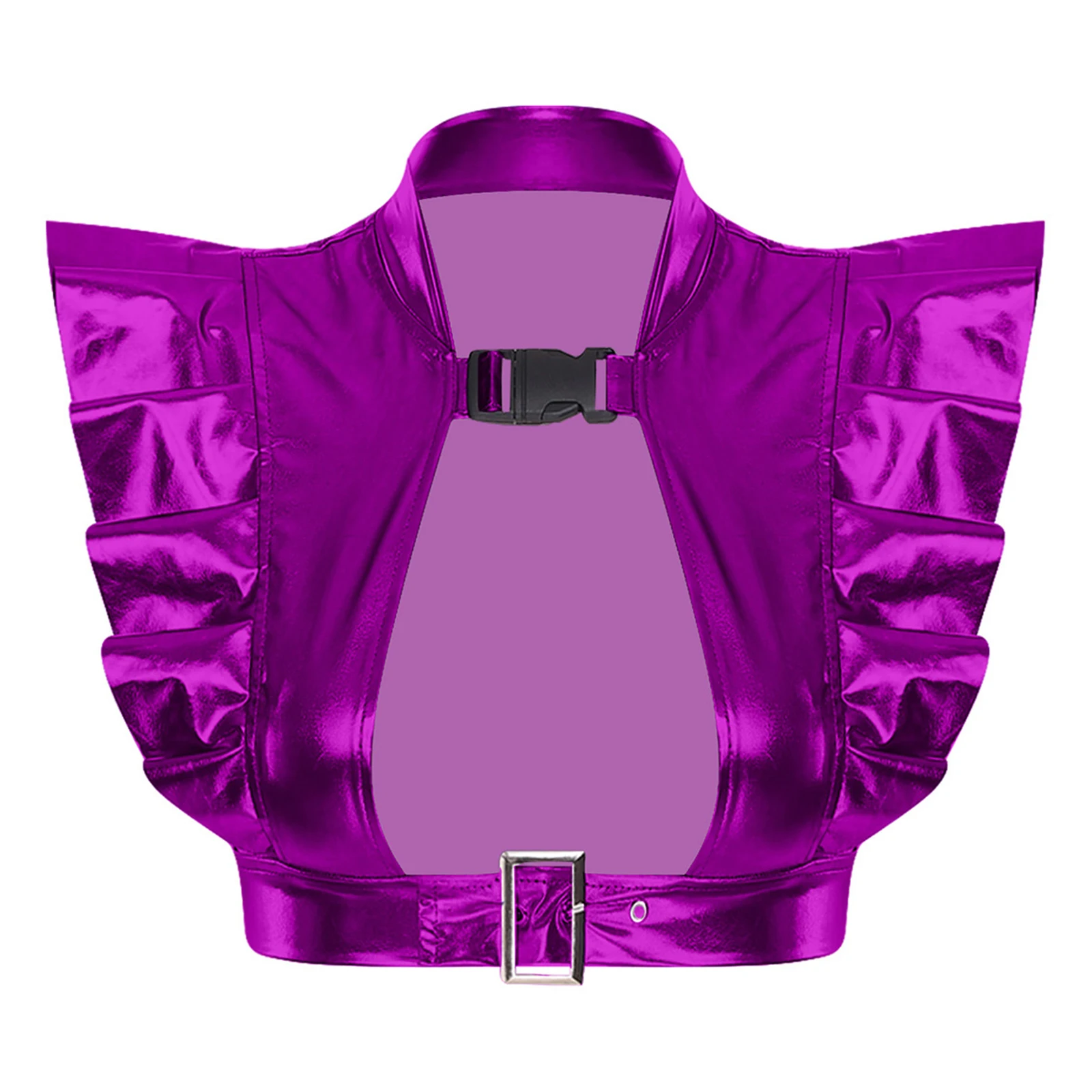 Schillernde Metallic-Schulterrüstung für Damen, Clubwear, gerüschter Besatz, vorderer Ausschnitt, verstellbare Träger, Rave-Achselzucken, bauchfreies Oberteil – Detail 13