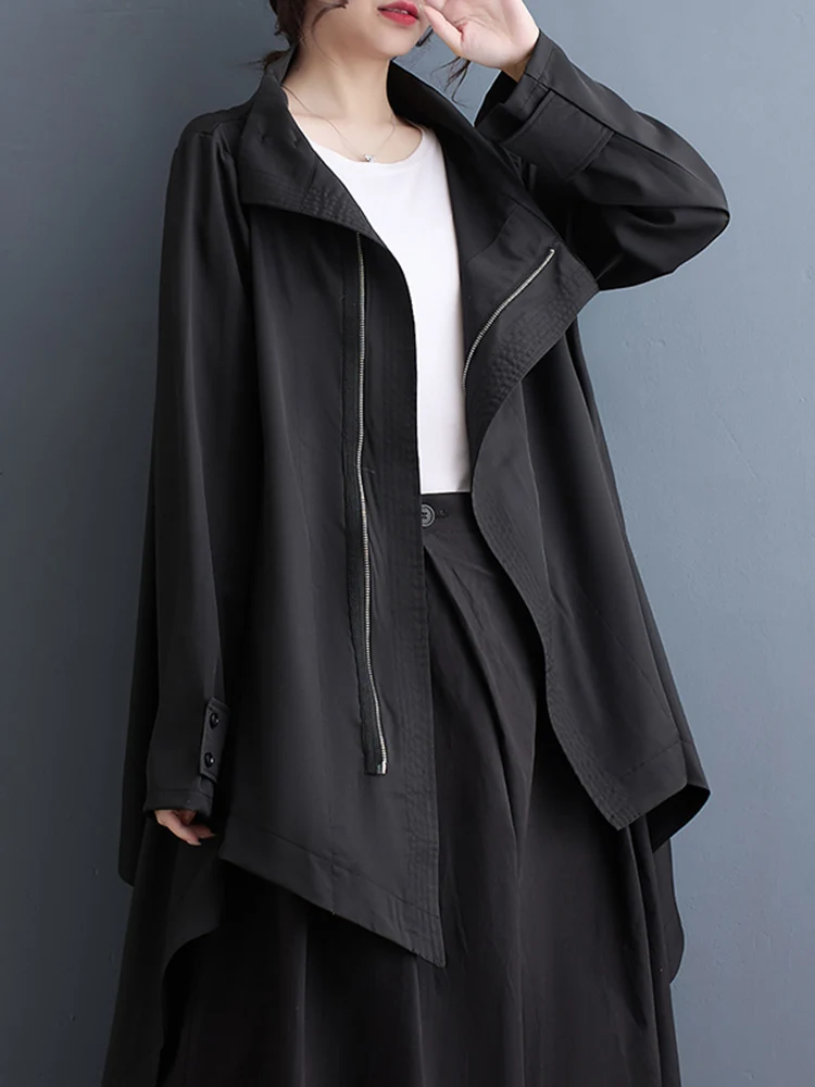 2025 Spring Autumn Black Vintage Asymmetrical Jacket Women Coat Casual Loose All Match Oversized Fashion Stand Collar Outerwear