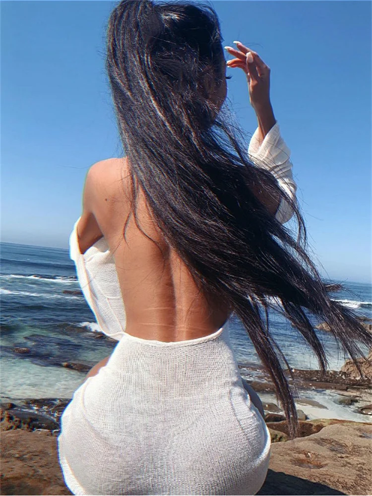 Women Sexy Backless Dress Summer Long Sleeve Solid Color See Through Club Beach Mini Dress Beachwear Bikini Cover-ups - Image 5