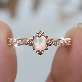 Charm Female Opal Stone Round Ring Rose Gold Color Cute Gift Wedding Jewelry For Women