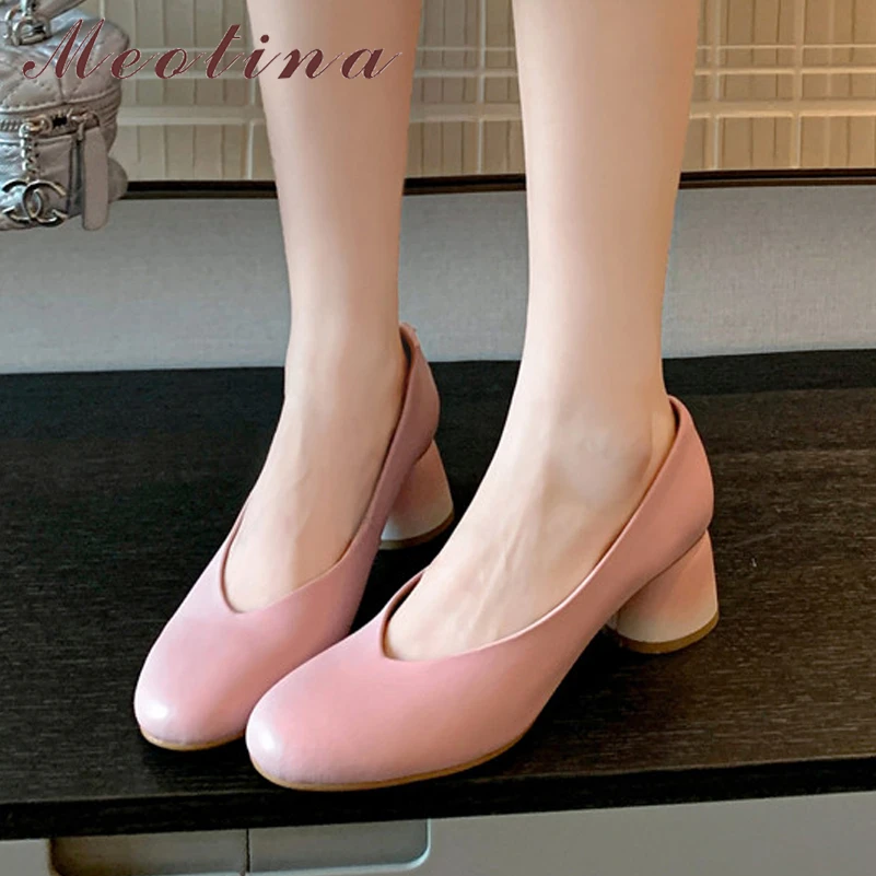 

Meotina Women Genuine Leather Round Toe High Heel Shallow Pumps Round Heels Ladies Fashion Party Shoes Spring Autumn Apricot