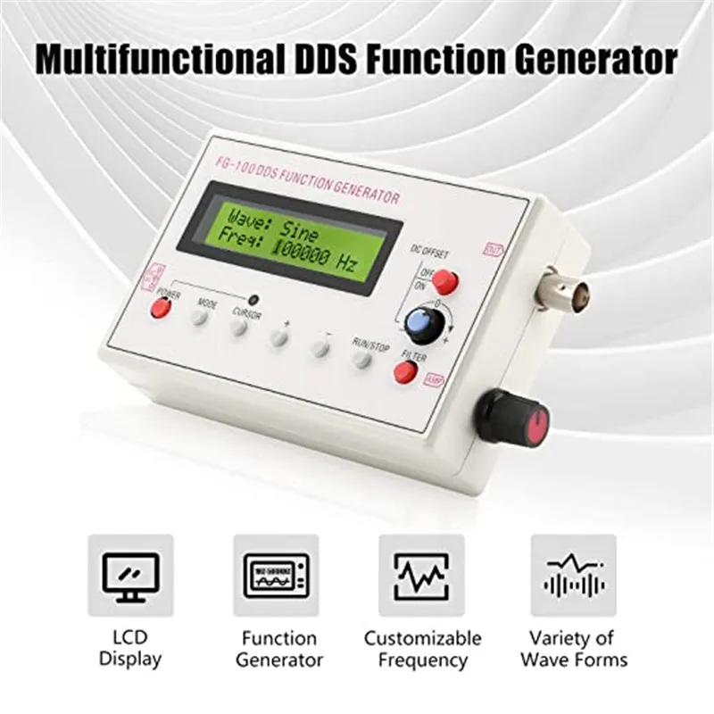 FG-100 DC 3.7-10V DDS Signal Generator LCD Display 1Hz-500KHz Functional Sine Triangle Square Frequency Sawtooth Wave Waveform 3