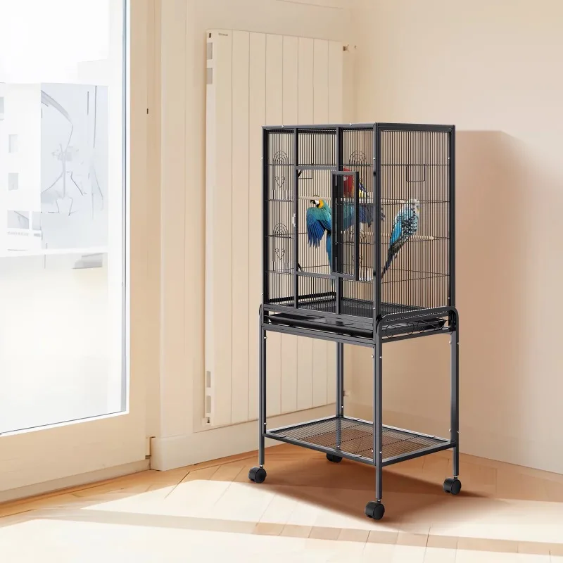 

53''Rolling Metal Birdcage with Rolling Stand Parrot Cage Cockatiel House Wrought Carbon Steel Birdcage