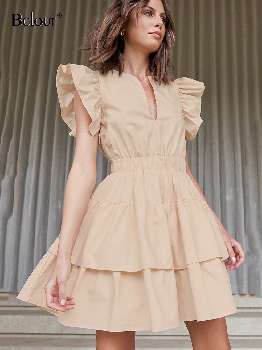

Bclout Cotton Deep V-Neck Women'S Dress Ruffed Flying Sleeve Slim Khaki Dress Summer Elegant High Waist Mini Dresses Woman 2022